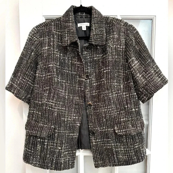 COLDWATER CREEK Wool Short Sleeve Blazer Jacket Brown Blue Tweed Plus Size 18W - Picture 2 of 15